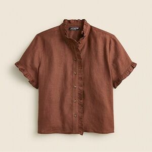 J Crew Size XS Ruffle Trim Button Up Shirt Linen Roasted Cocoa Brown Womens NEW